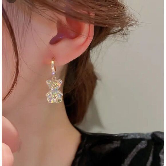 New! Adorable Aurora Borealis Gummy Bear Earrings with Jeweled Hoops! - Picture 2 of 4